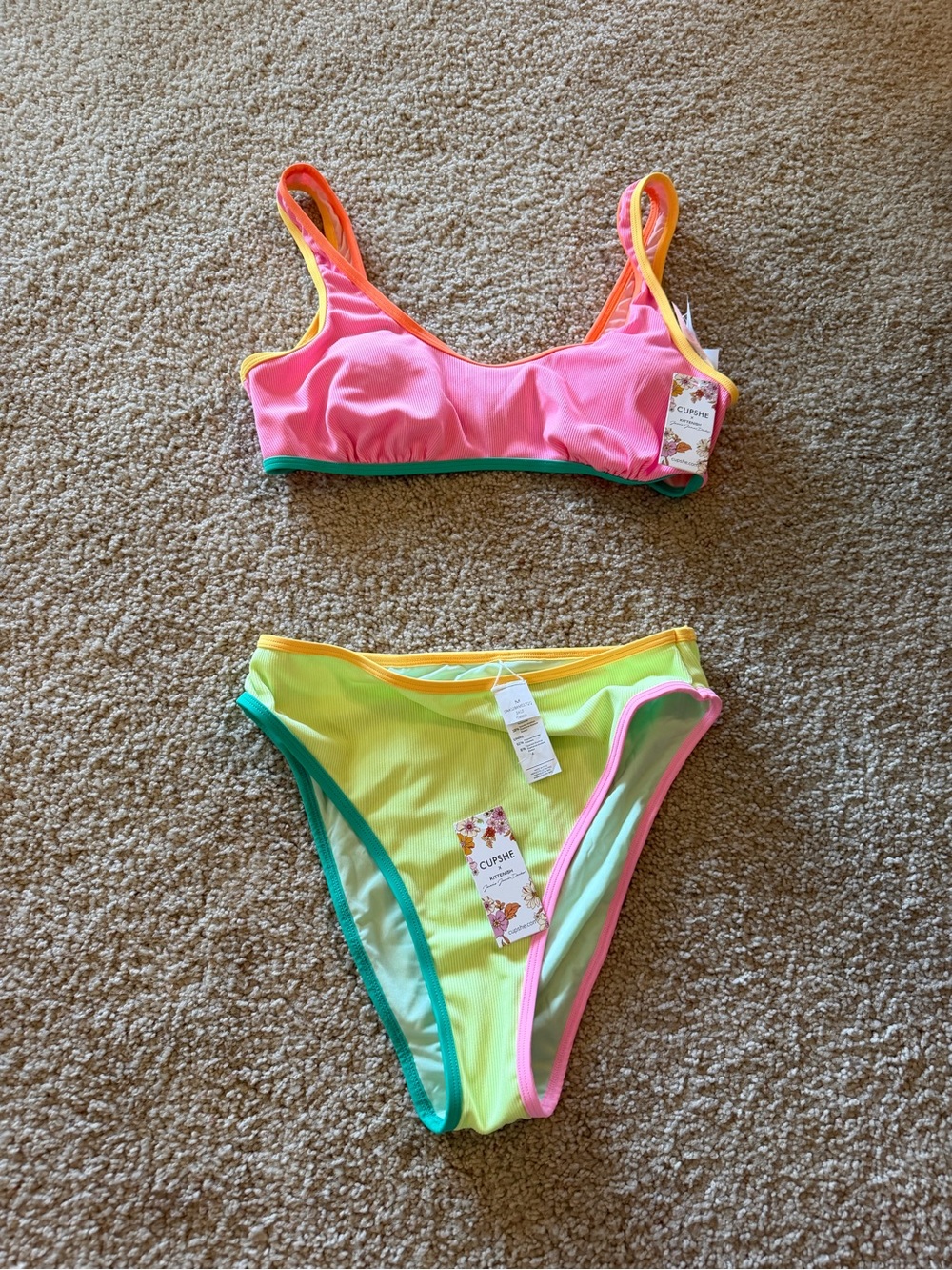 Cupshe Pink and Neon Yellow Colorblock Bikini
